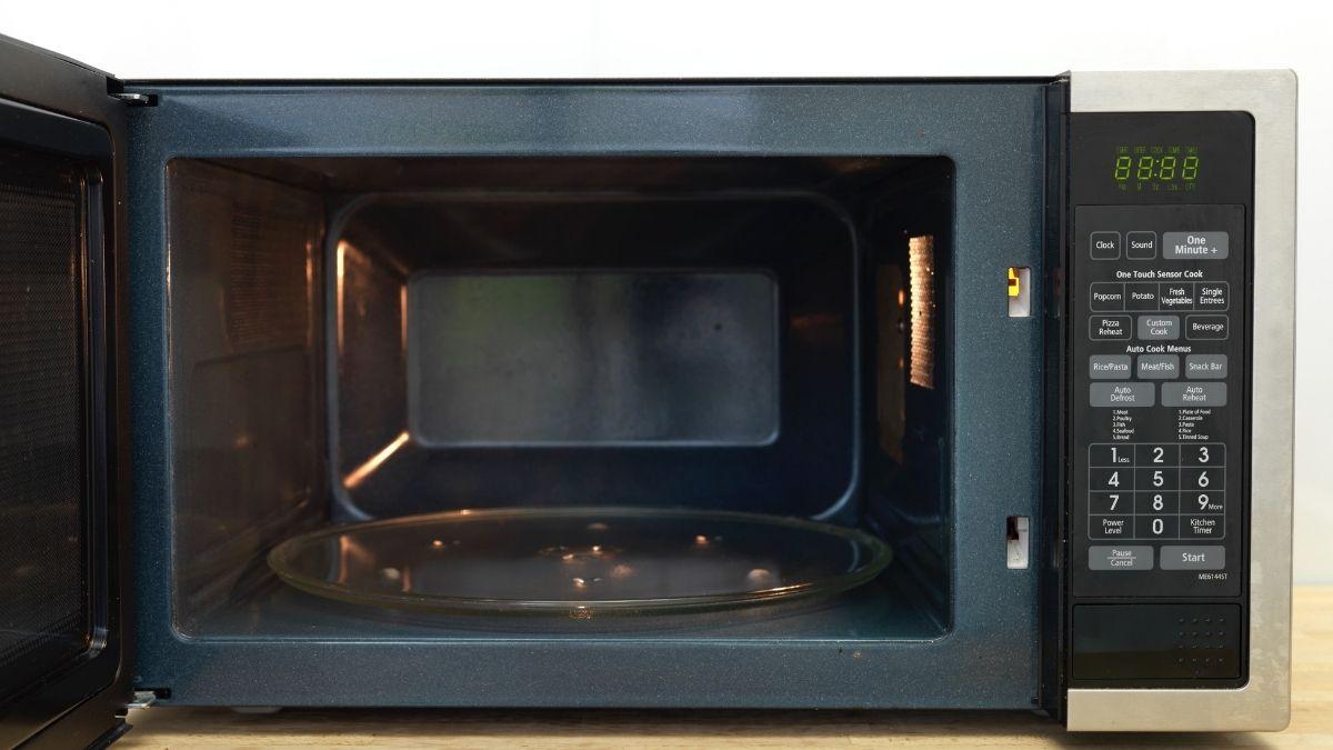The inside of a microwave oven