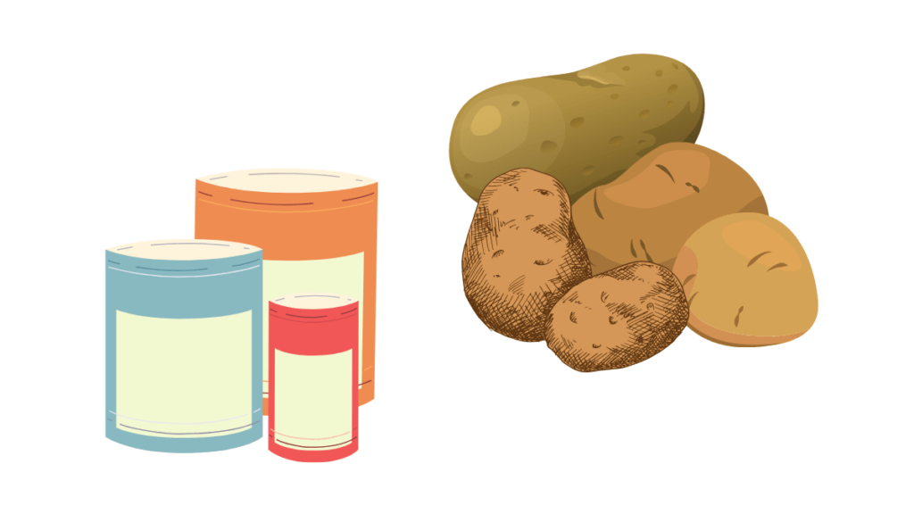 Illustration of potatoes and cans for dry canning potatoes
